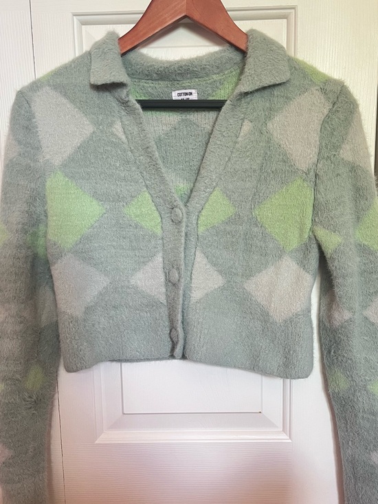 Cotton On Sweaters - green fuzzy collared argyle patterned wool cropped sweater cotton on womens